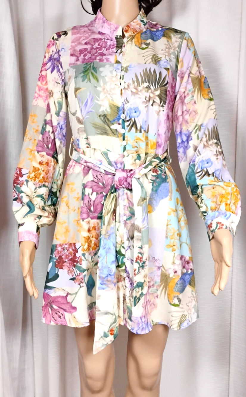 A-Line Mini Shirt Dress Tie Waist Patchwork Floral Bird Boho XS Maximalist